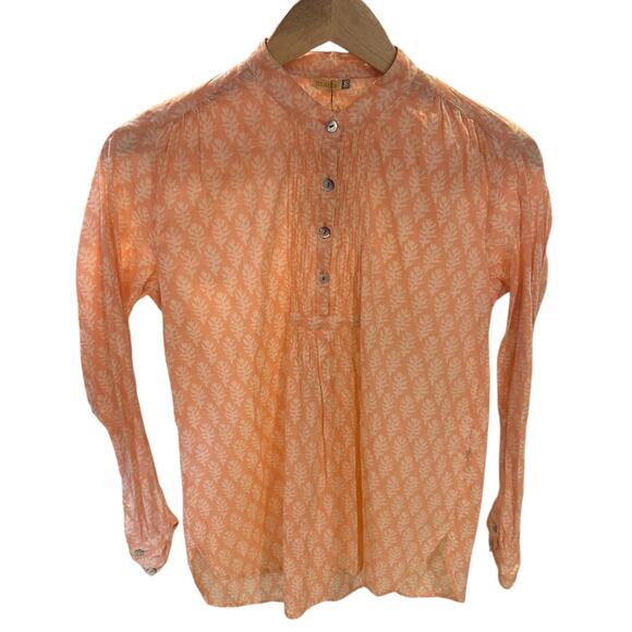 NWT MATTA Peach Iride Buti Top Pintuck Block Print Henley Tunic Women's SMALL
